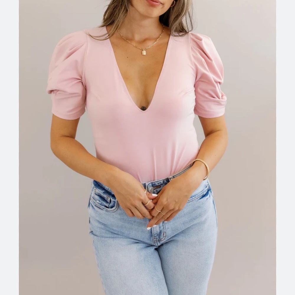 NEW free people pink puff sleeve v neck bodysuit